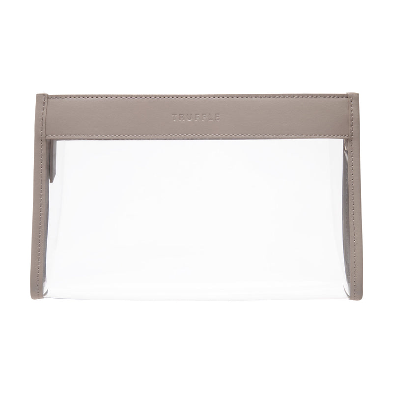 Truffle Everyday Pouch Small, a chic clear makeup bag trimmed in Toffee napa leather.