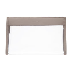 Truffle Everyday Pouch Small, a chic clear makeup bag trimmed in Toffee napa leather.
