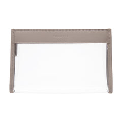 Truffle Everyday Pouch Small, a chic clear makeup bag trimmed in Toffee napa leather.