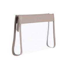 Side view of a Truffle Everyday Pouch Small, a chic clear makeup bag trimmed in Toffee napa leather.
