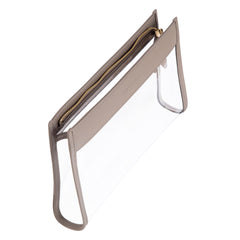 Top down view of a Truffle Everyday Pouch Small, a chic clear makeup bag trimmed in Toffee napa leather.