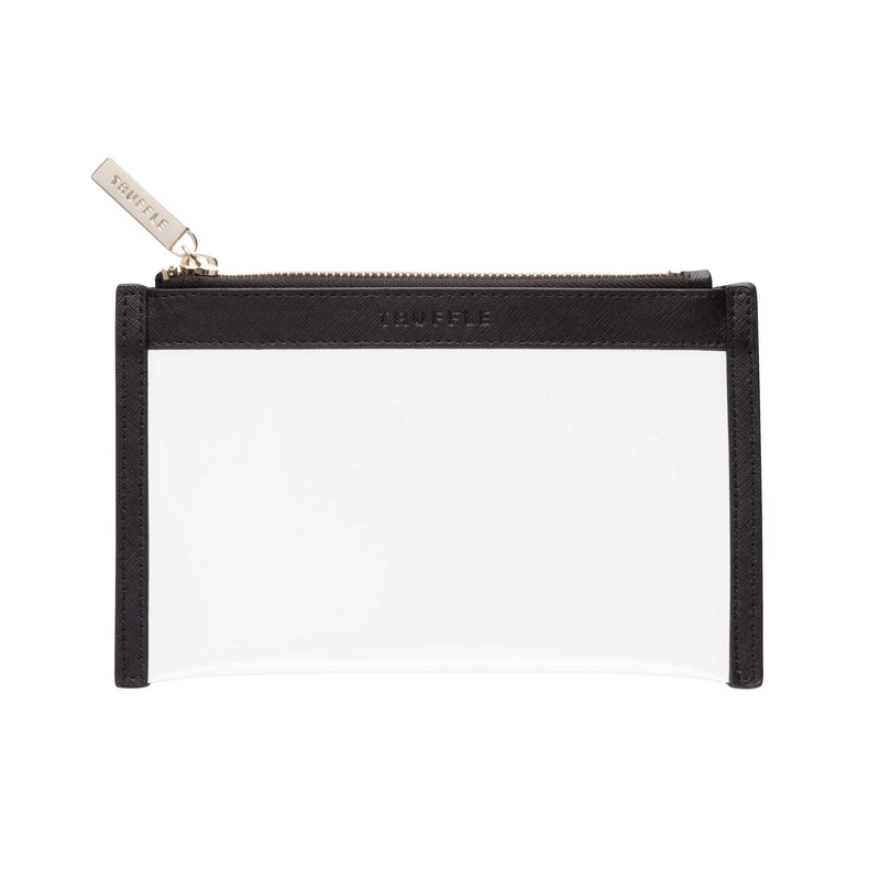 Truffle Clarity Clutch Mini, a sleek zippered pouch with clear TPU plastic and Black leather trim.