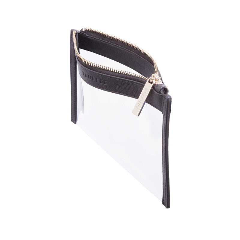 Side view of a Truffle Clarity Clutch Mini, a sleek zippered pouch with clear TPU plastic and Black leather trim.