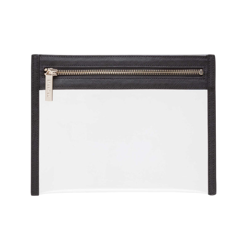 Truffle Clarity Clutch Small, a sleek, TSA-approved zippered pouch with clear TPU plastic and Black leather trim.