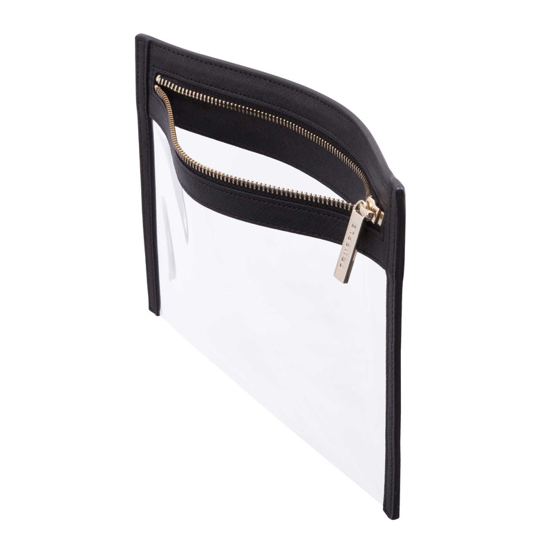 Side view of a Truffle Clarity Clutch Small, a sleek, TSA-approved zippered pouch with clear TPU plastic and Black leather trim.