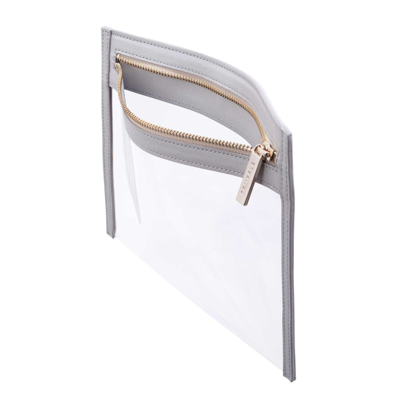 Side view of a Truffle Clarity Clutch Small, a sleek, TSA-approved zippered pouch with clear TPU plastic and Dove Grey leather trim.