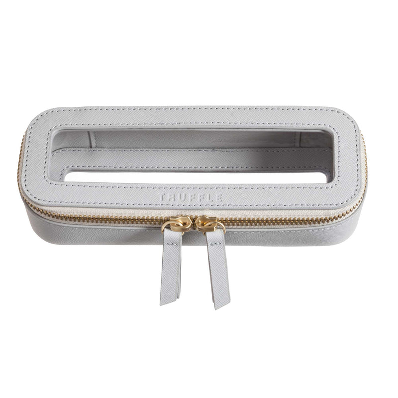Truffle Clarity Mini Jetset case, trimmed in dove grey leather, perfect for small beauty, tech or everyday items.