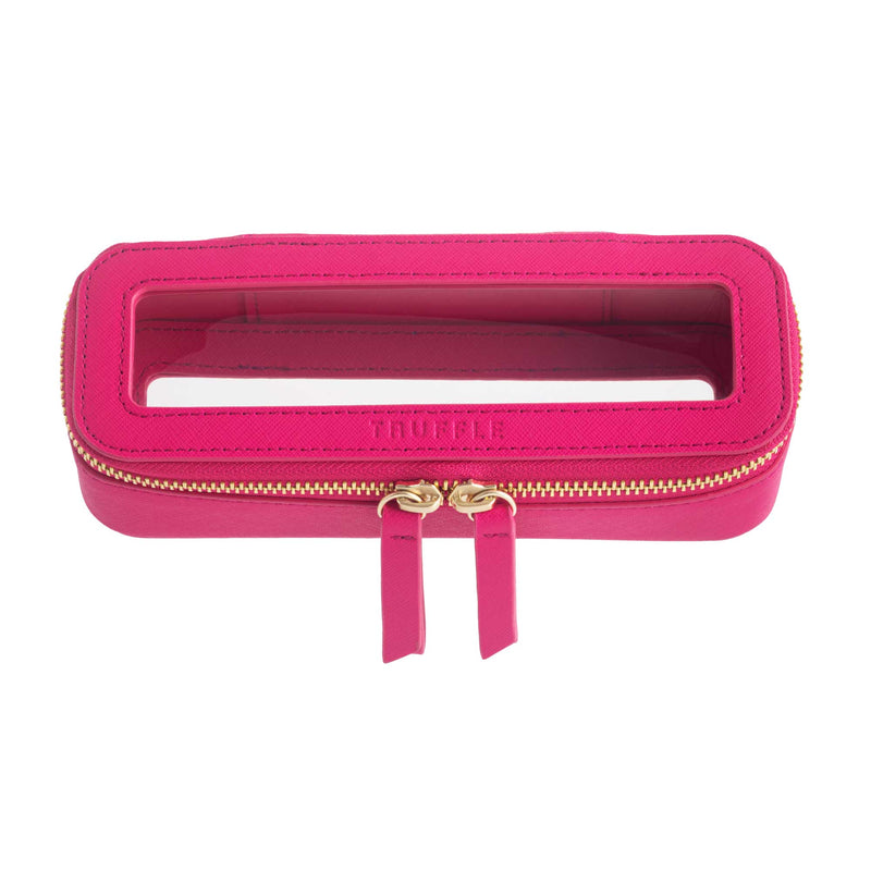 Truffle Clarity Mini Jetset Case, trimmed in Hot Pink leather, perfect for small beauty, tech and everyday essentials.