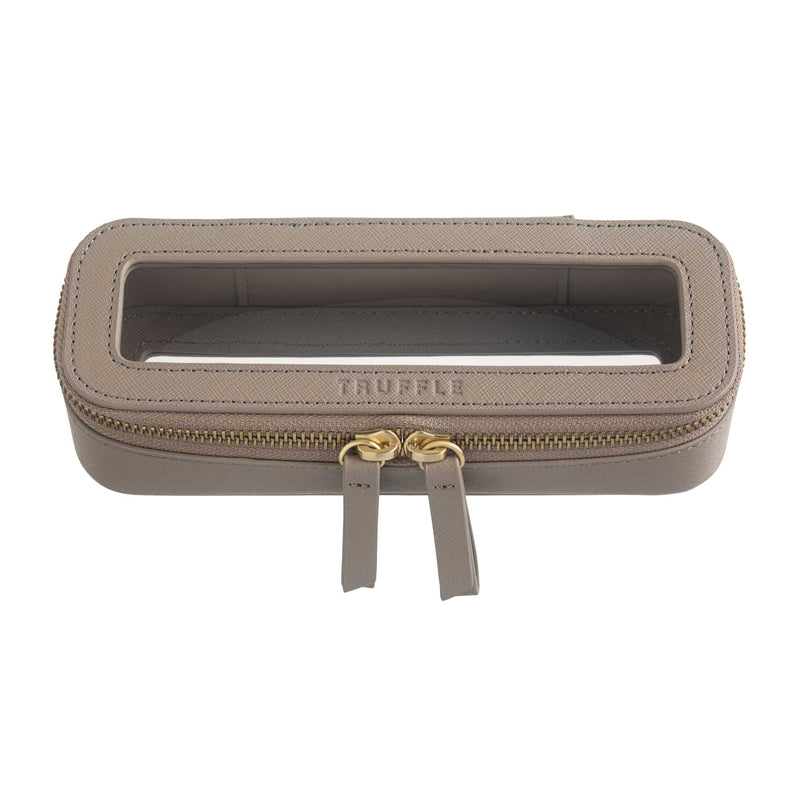 Truffle Clarity Mini Jetset case, trimmed in Toffee leather, perfect for small beauty, tech or everyday items.