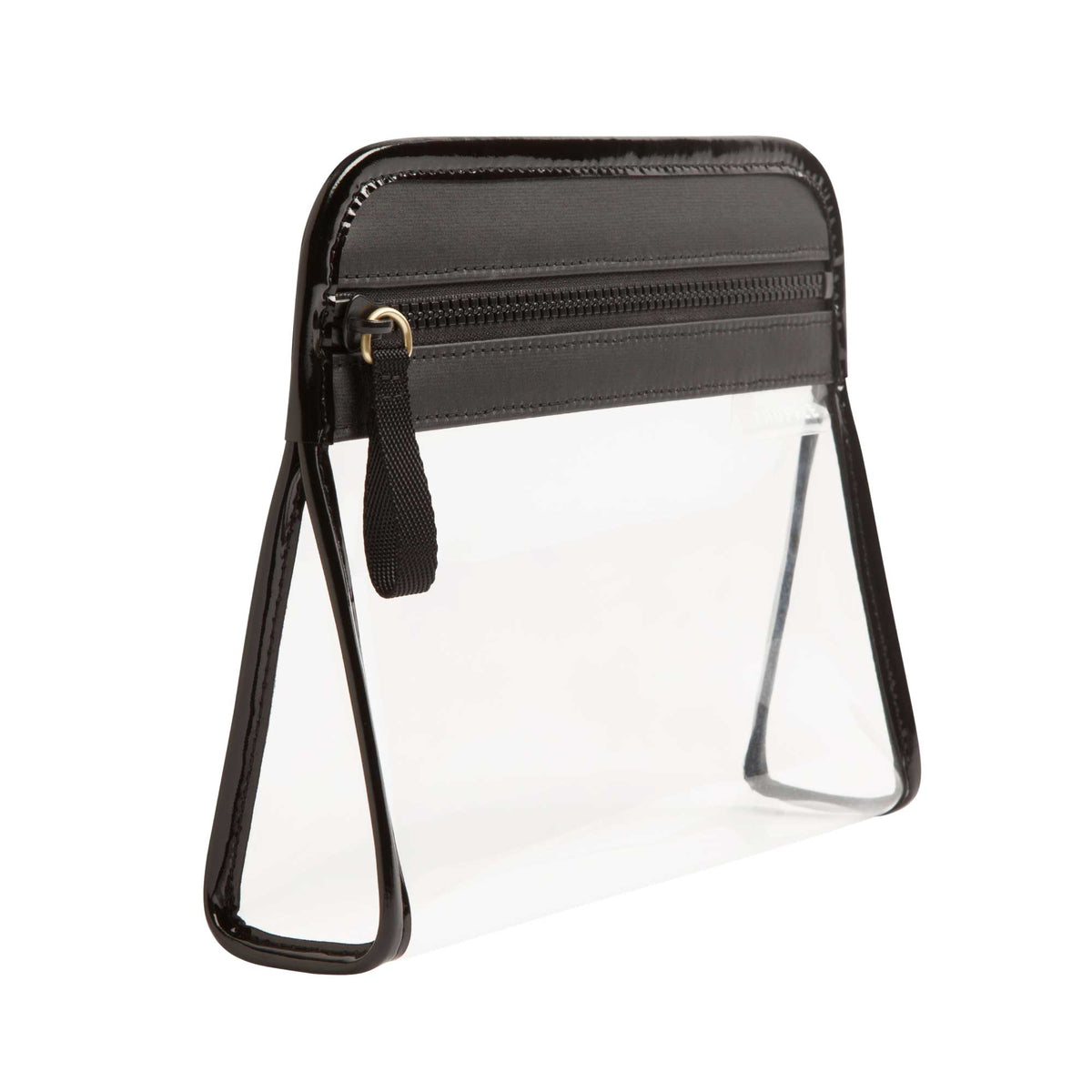 Side view of a clear Clarity Pouch Small, trimmed in black colored nylon, TSA approved for travel-sized liquids.