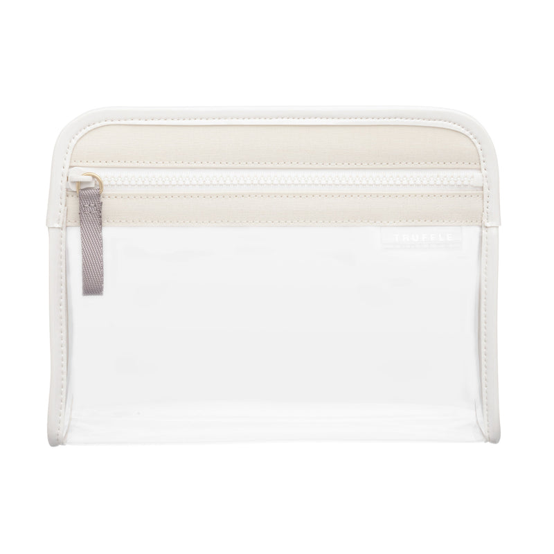 Clear Clarity Pouch Small, trimmed in ivory colored nylon, TSA approved for travel-sized liquids.
