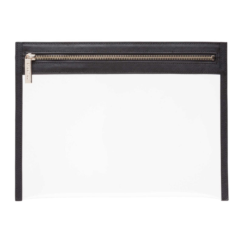Truffle Clarity Clutch Large with a clear TPU body and solid Black leather trim, featuring a gold zipper.