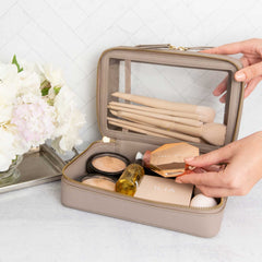 truffle toffee clarity jumbo jetset case is a  clear large makeup case