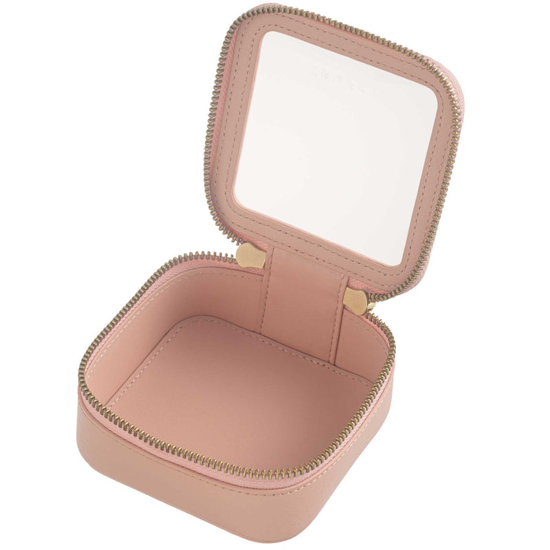 Open view of a Truffle Clarity Petite Case trimmed in blush leather, perfect for small essentials.