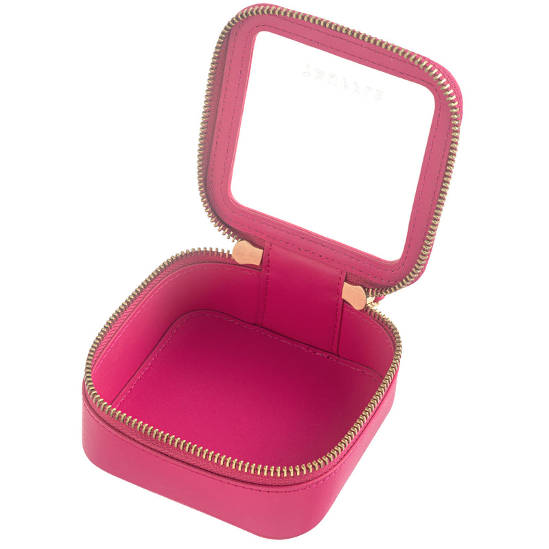 Open view of a Truffle Clarity Petite Case trimmed in hot pink leather, perfect for small essentials.