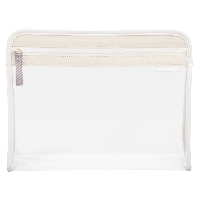 Clear Clarity Pouch Large, trimmed in ivory colored nylon, ideal for large skin and haircare bottles. 