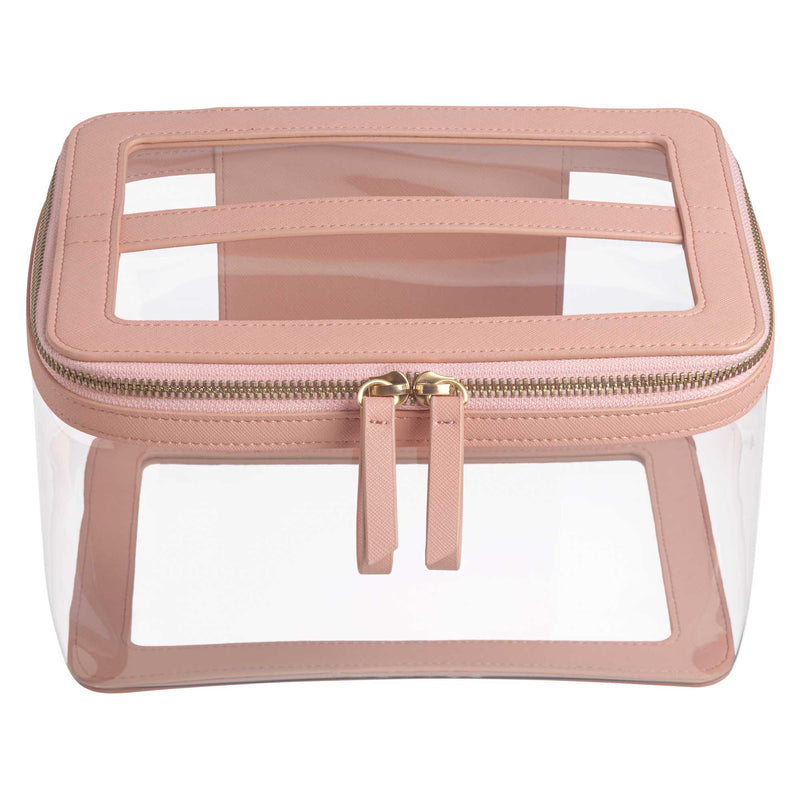 Truffle Clarity Jumbo Train Case, made with blush leather trim and biodegradable clear TPU.
