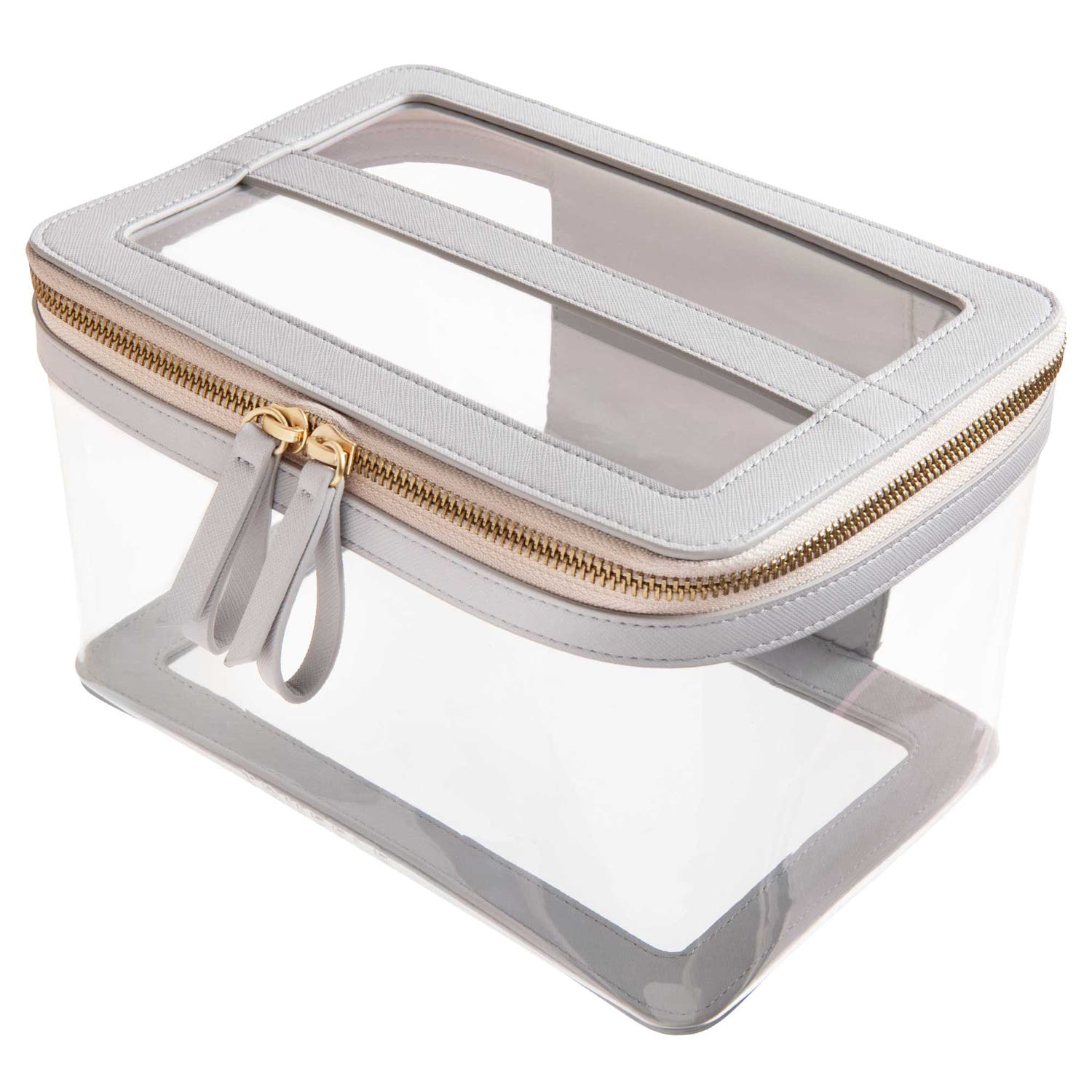 Side view of a Truffle Clarity Jumbo Train Case, a large clear makeup case, trimmed in Dove Grey leather.