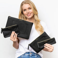 A set of four Truffle Clarity Privacy Multi-tasking Pouches, made with recycled nylon, multipurpose for organizing essentials.